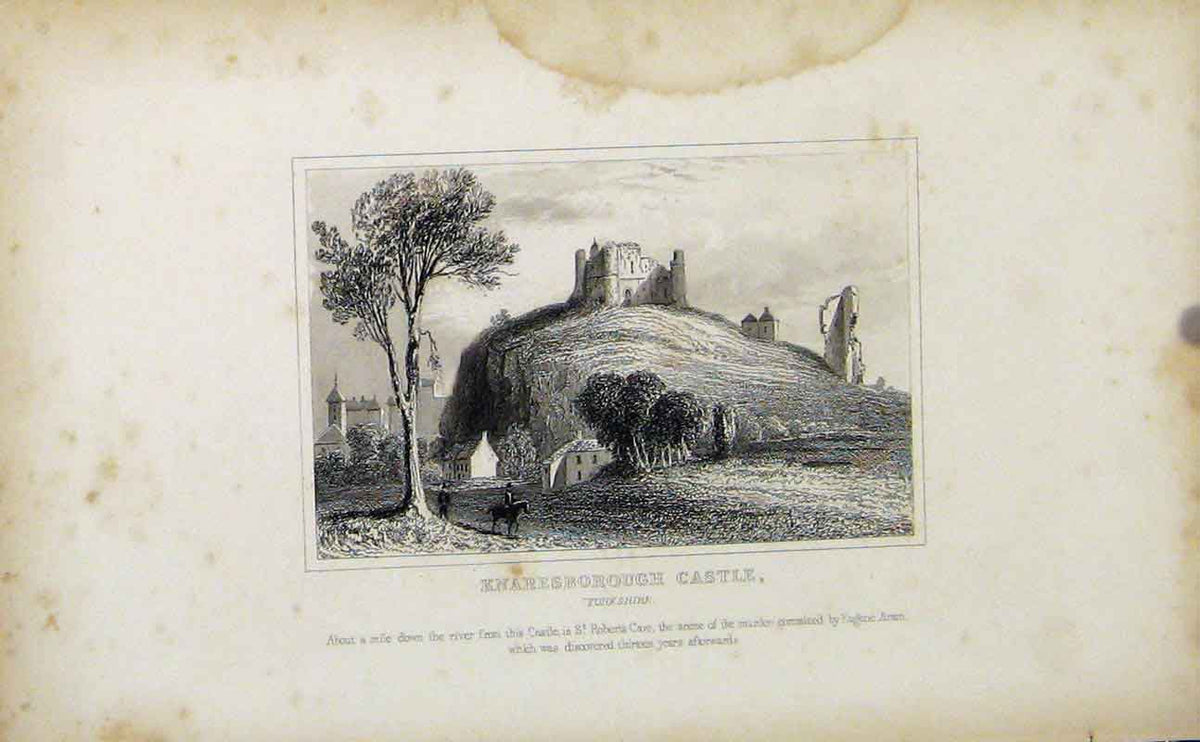 Original Old Antique Print Fine Art England Knaresborough Caslte Yorkshire