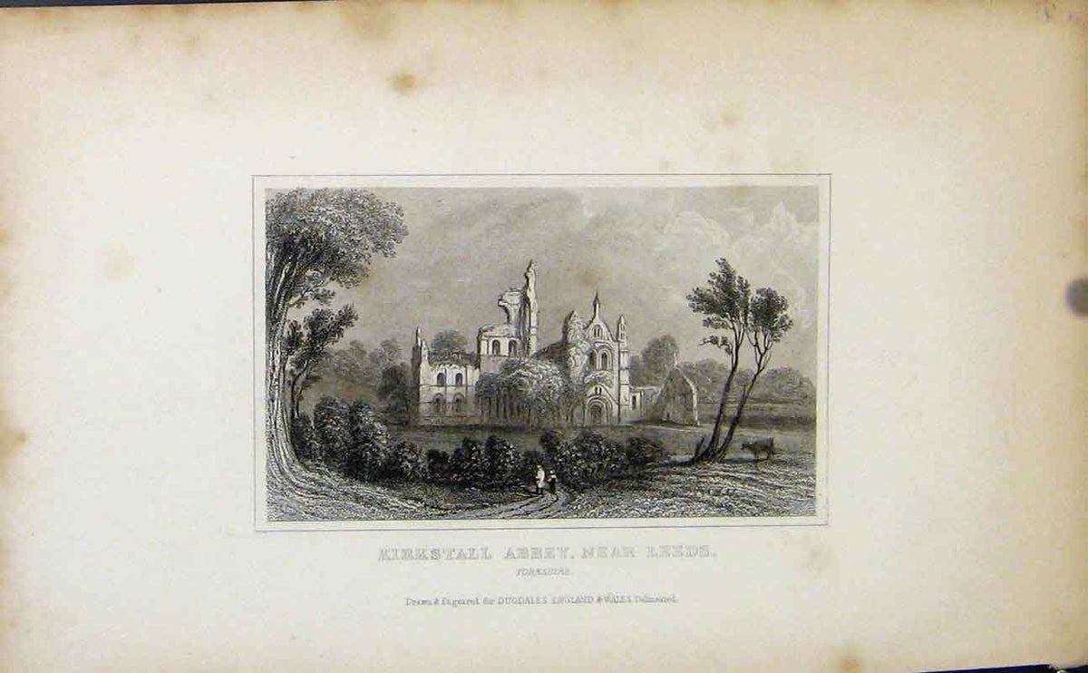 Original Old Antique Print England Kirkstall Abbey Leeds Yorkshire