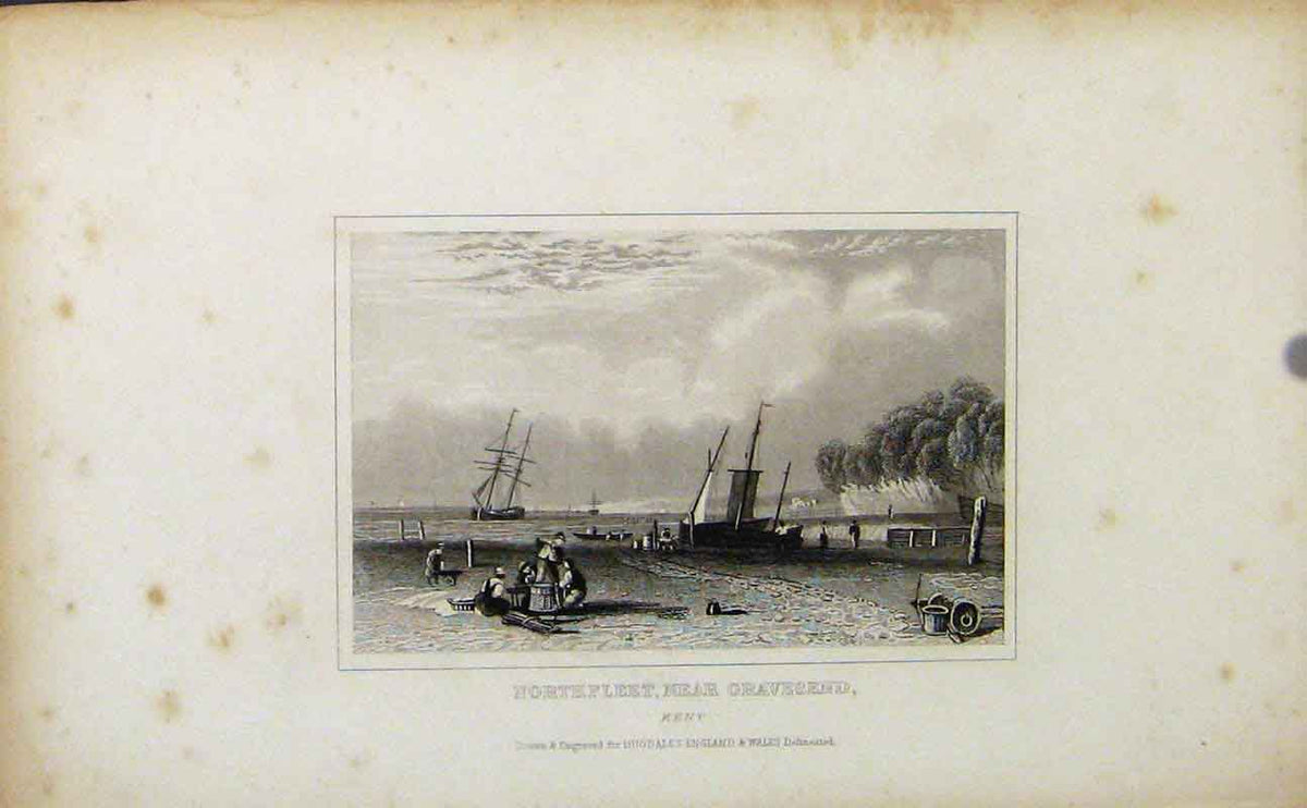 Original Old Antique Print Northfleet Near Gravesend Kent C1849 19th