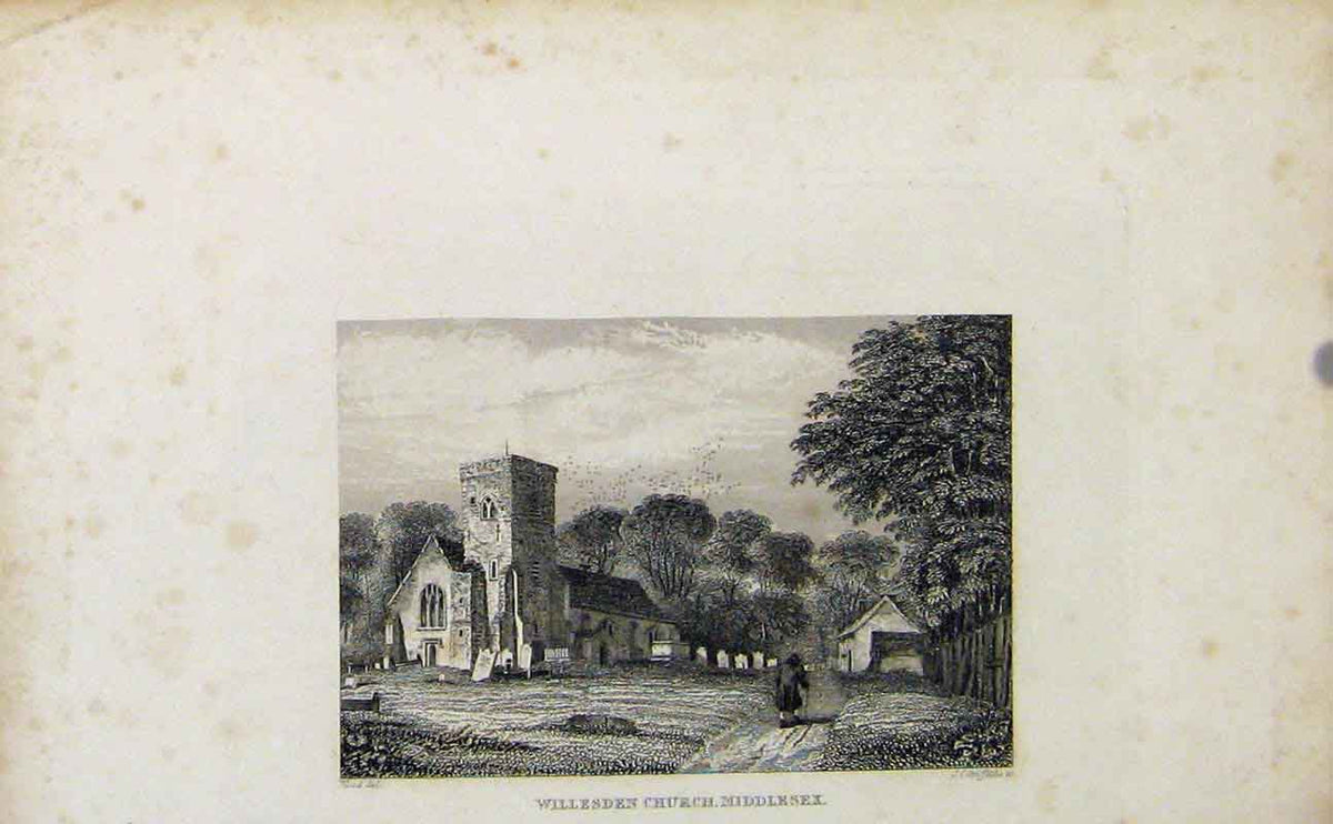 Original Old Antique Print Willesden Church Middlesex C1849 Art 19th