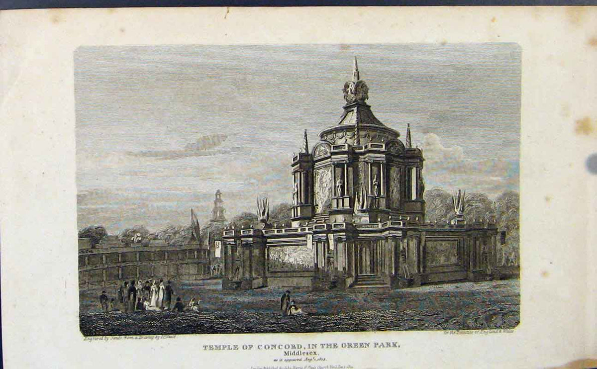 Original Old Antique Print Temple Concord Green Park C1849 Fine Art Victorian