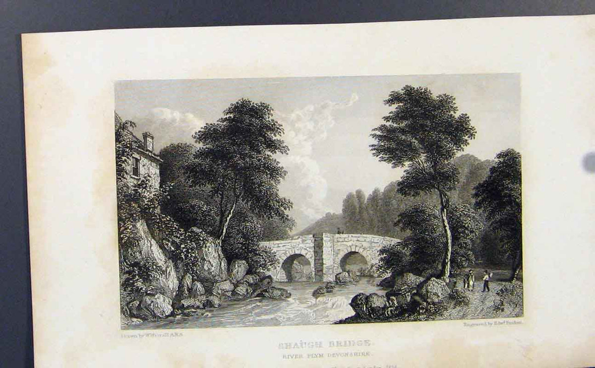 Original Old Antique Print Saugh Bridge River Plym Devonshire C1849 Victorian