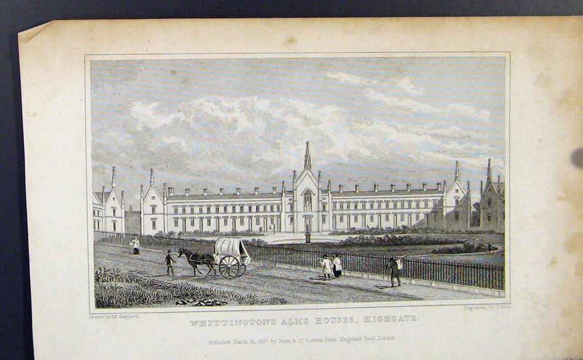 Original Old Antique Print Whittingtons Alms Houses Highgate England Victorian