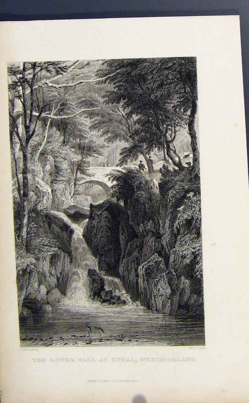 Original Old Antique Print Fine Art C1849 Lower Fall Rydal England Victorian