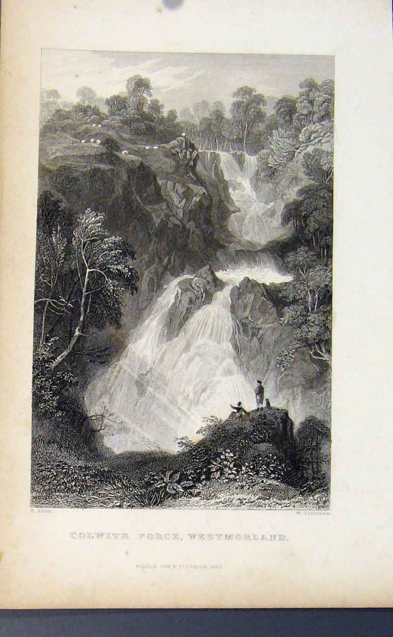 Original Old Antique Print C1849 England Colwith Force Westmorland Victorian