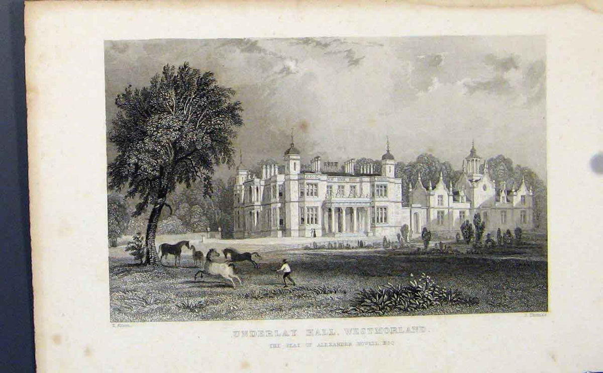 Original Old Antique Print Underlay Hall Westmoreland England C1849 Victorian