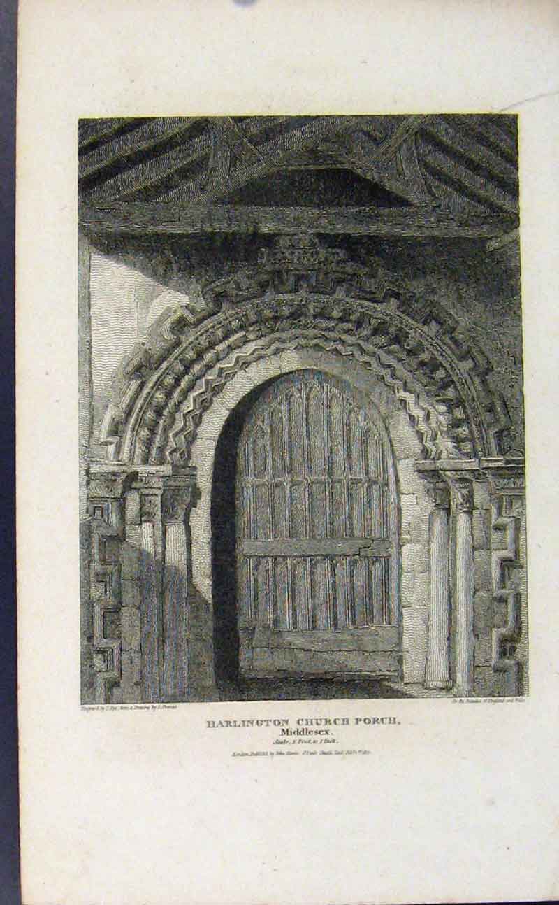 Original Old Antique Print Harlington Church Porch Middlesex