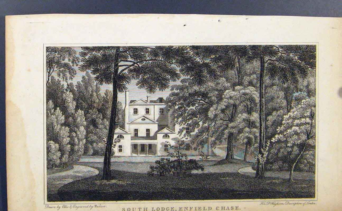 Old Antique Print South Lodge Enfield Chase Seat Nathaniel Grundrey C1849 19th