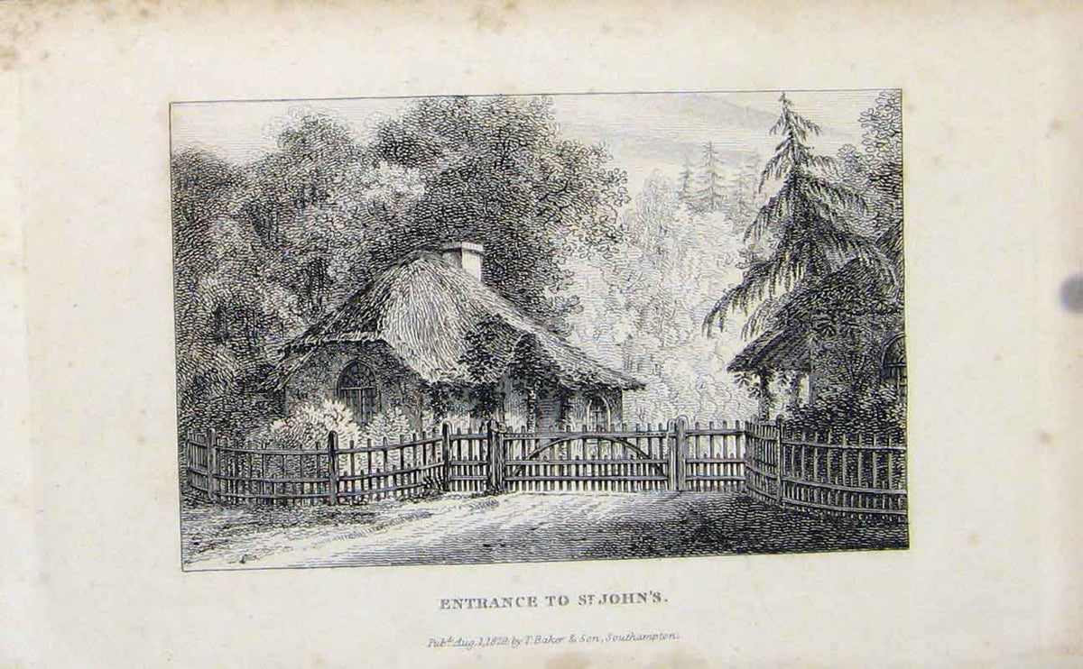 Original Old Antique Print Entrance St Johns House Cottage Engraving