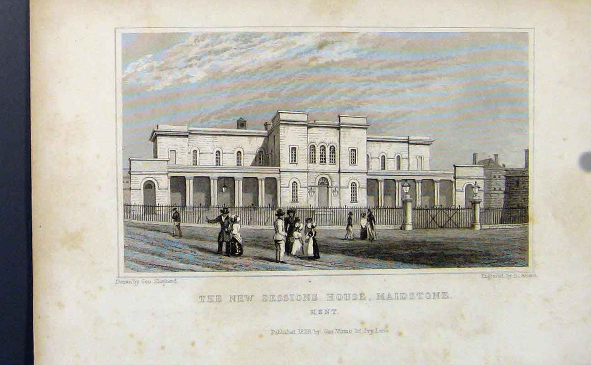 Original Old Antique Print New Sessions House Maidstone Kent