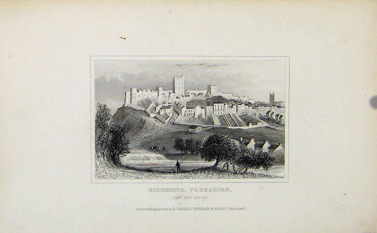 Original Old Antique Print Richomond Yorkshire Town Castle C1849 19th