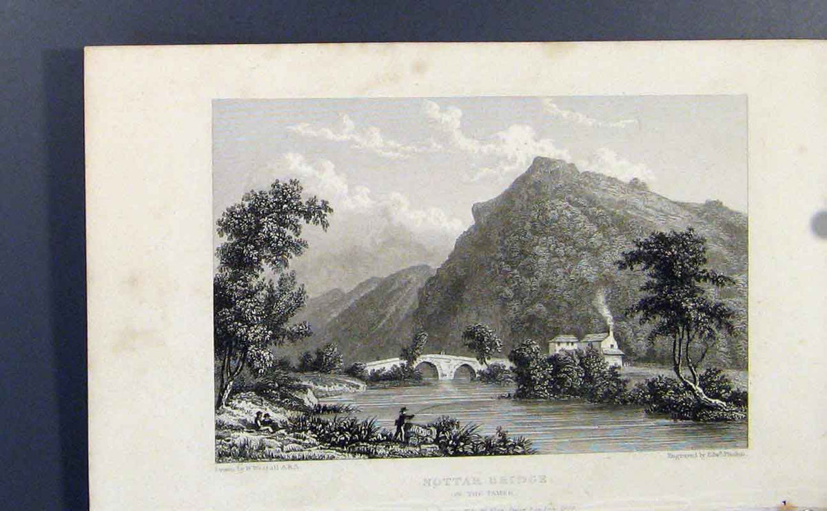 Original Old Antique Print Nottar Bridge Tamer River C1849 Fine Art Victorian