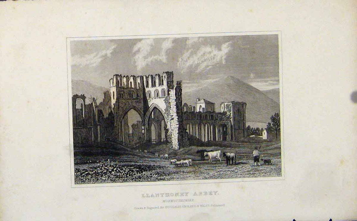 Original Old Antique Print Llanthoney Abbey Monmouthshire Fine Art