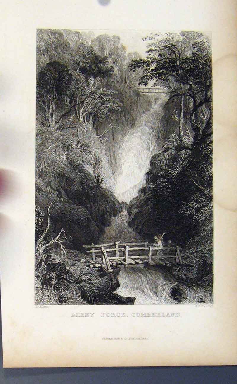 Original Old Antique Print Fine Art Cumberland England C1849 Airey Force 19th