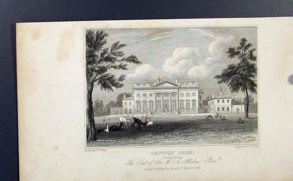 Original Old Antique Print Denton Park Yorkshire C1849 England 19th