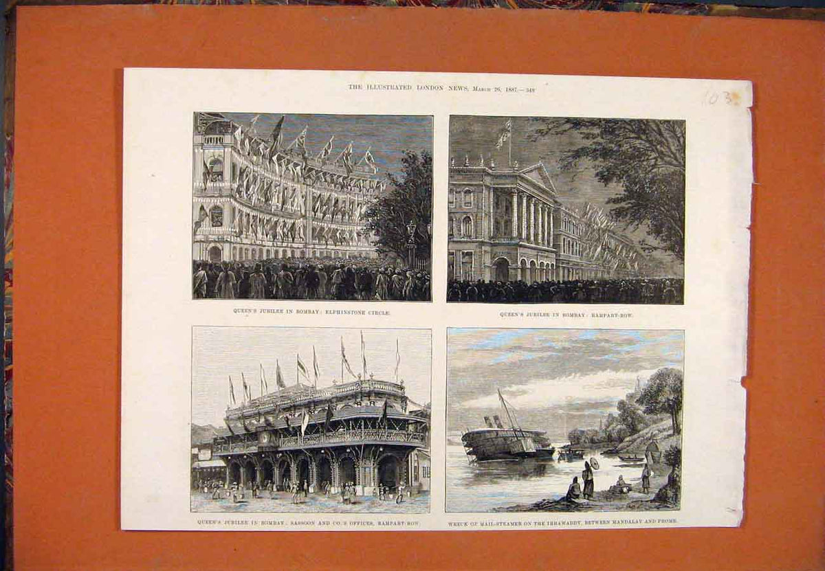 Original Old Antique Print Queen Jubilee Bombay Sassoon Rampart Irrawaddy 1887