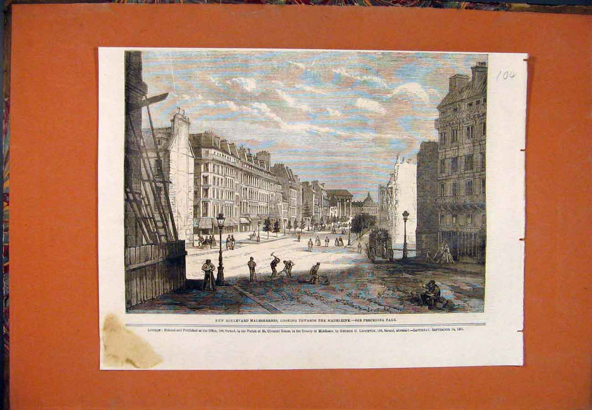 Original Old Antique Print Boulevard Malesherbes Madeleine France Street 1861