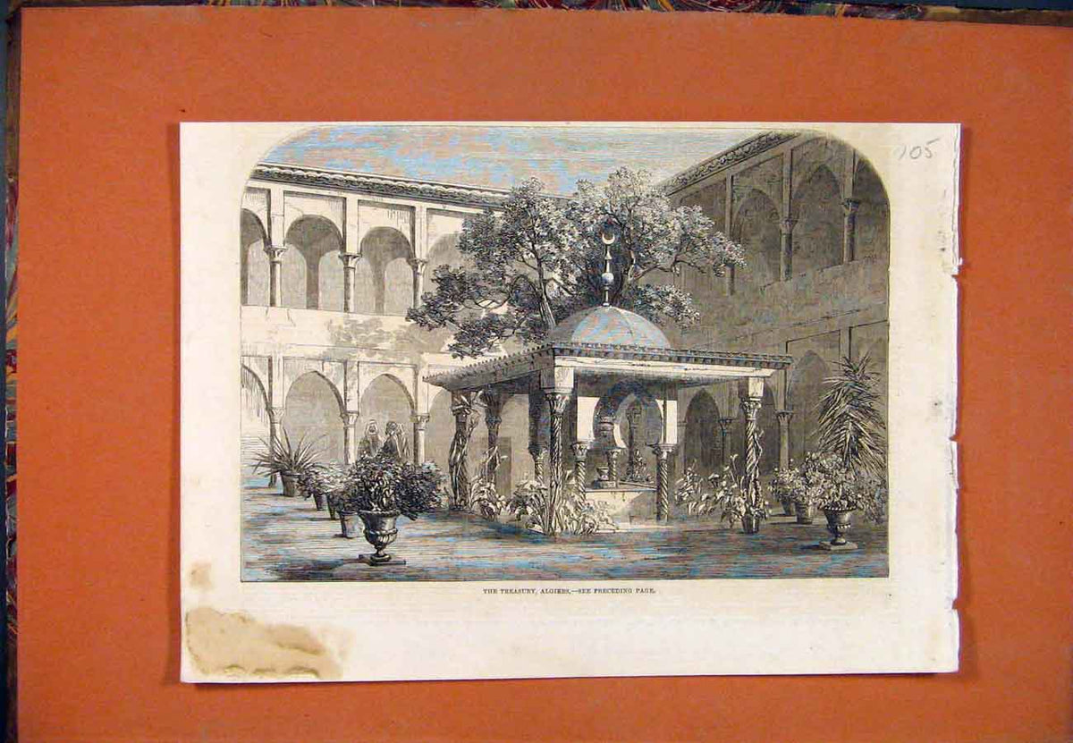 Original Old Antique Print Treasury Algiers Africa Building