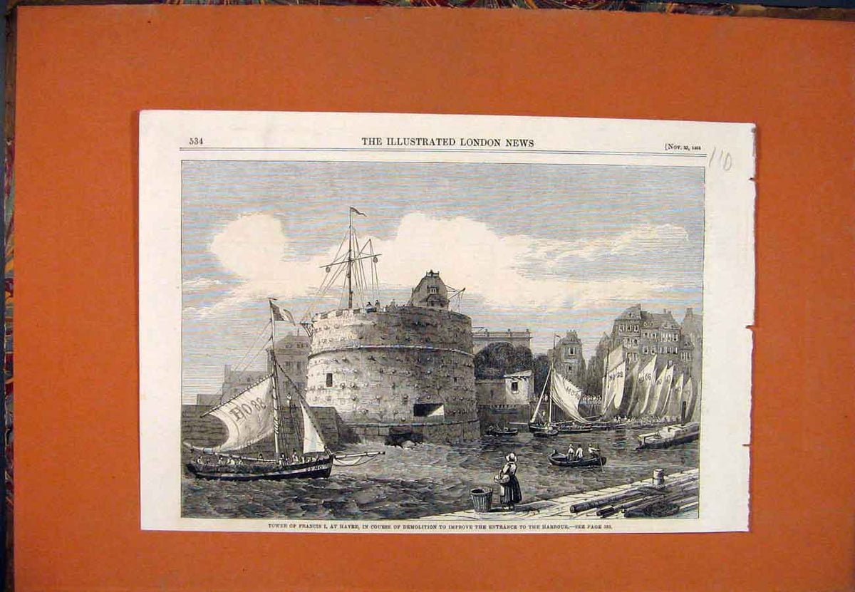 Original Old Antique Print Tower St Francis Havre Harbour Demolition 1861 19th