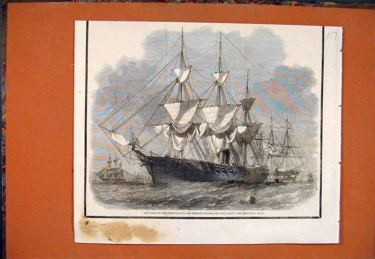 Original Old Antique Print Russian Corvette Bogatir Frigate Osliaba 18th Century