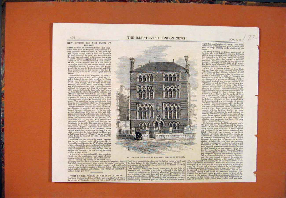 Original Old Antique Print Asylum Blind Brighton ham Building 1861 Victorian