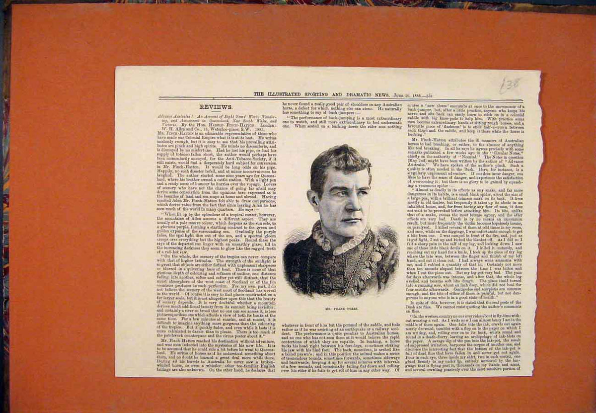 Original Old Antique Print Portrait Frank Tyars 1885 19th Century