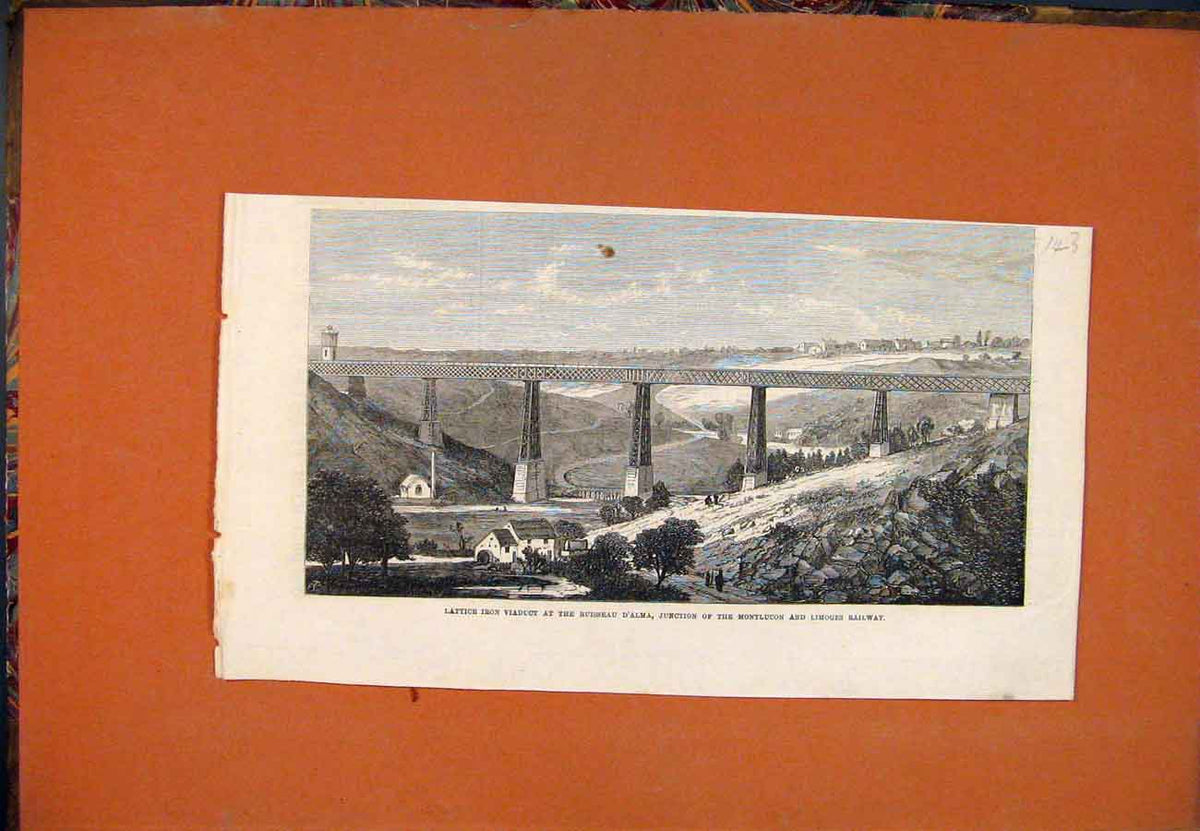Old Antique Print Lattice Iron Viaduct Ruisseau D'Alma Montlucon Limoges