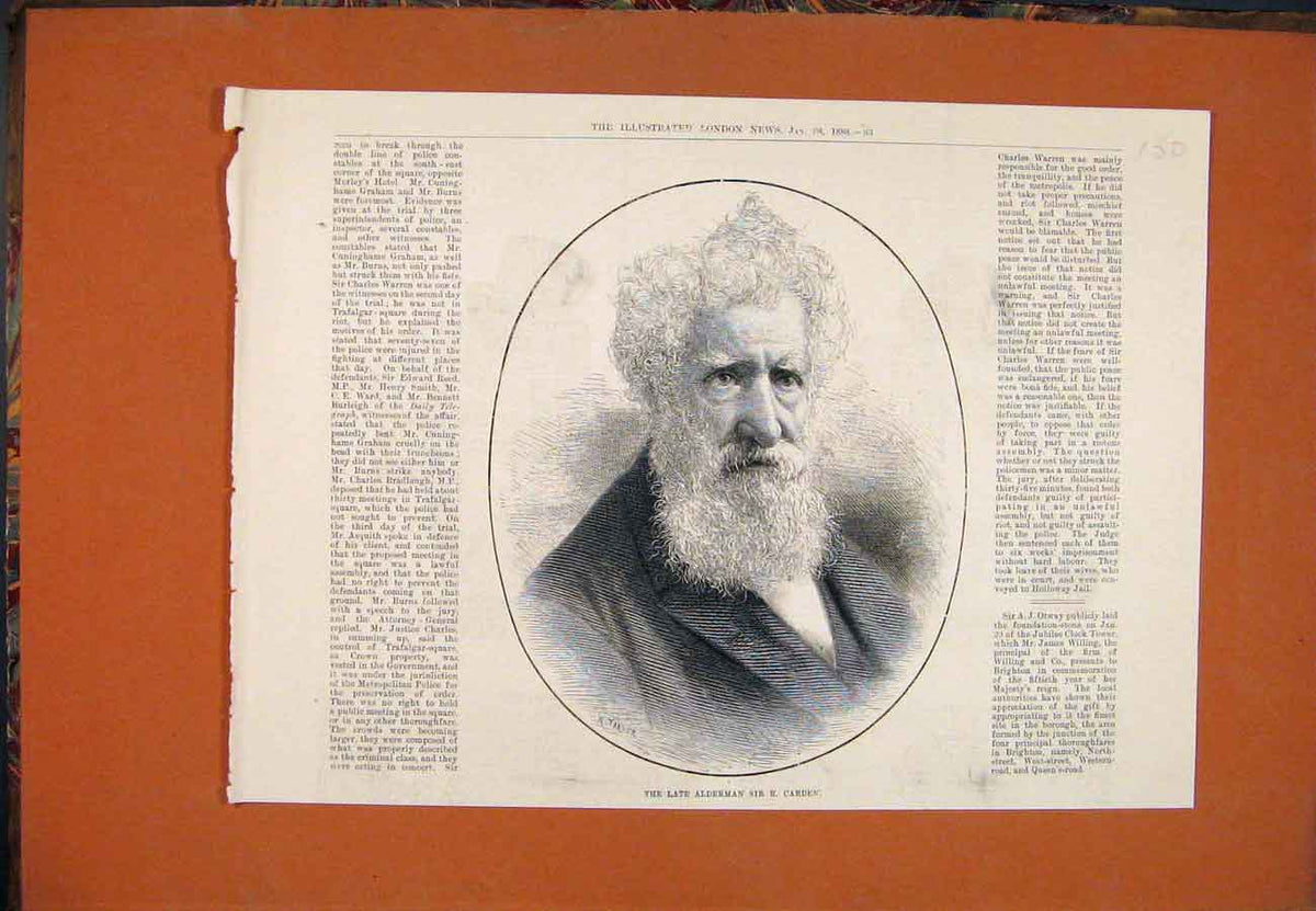 Original Old Antique Print Portrait Alderman Sir Carden 1888 19th