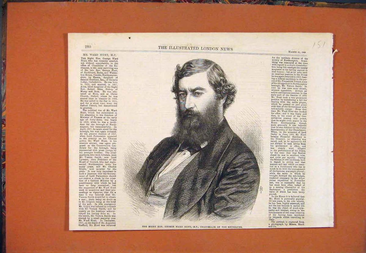 Original Old Antique Print Portrait Hunt Chancellor Exchequer 1868 Victorian