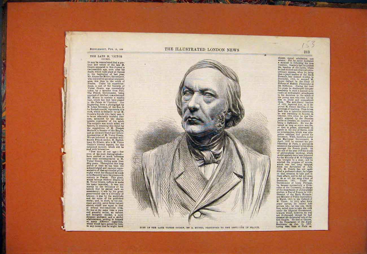 Original Old Antique Print Portrait Bust Victor Cousin Munro Statue 1868 19th