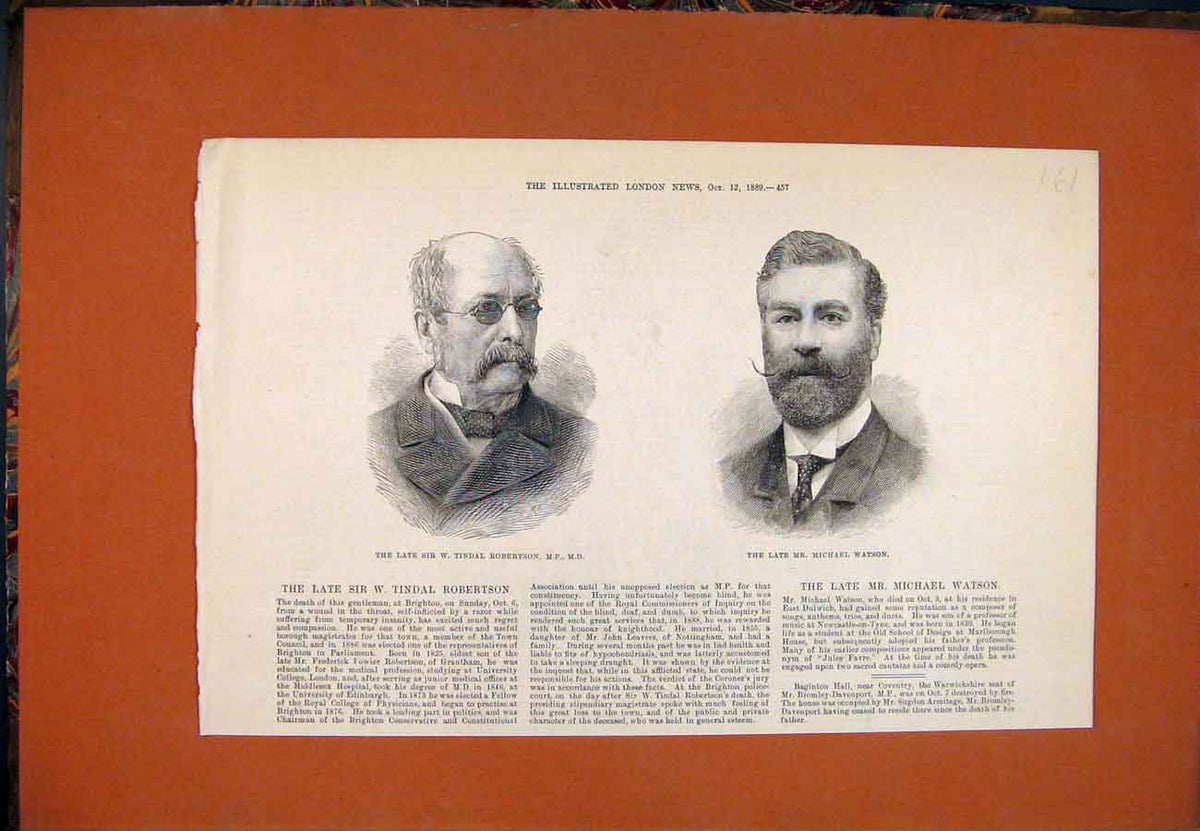 Original Old Antique Print Portrait Robertson Magistrate Watson Composer 1889