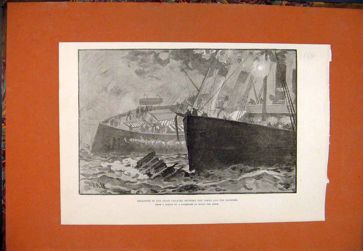 Original Old Antique Print Irene Banshee Ships Collision Irish Channel Sketch