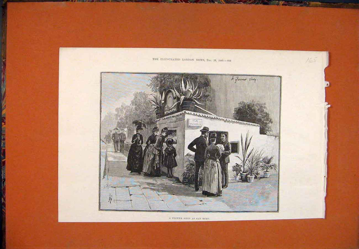 Original Old Antique Print Flower Shop San Remo Street Italy 1889 19th