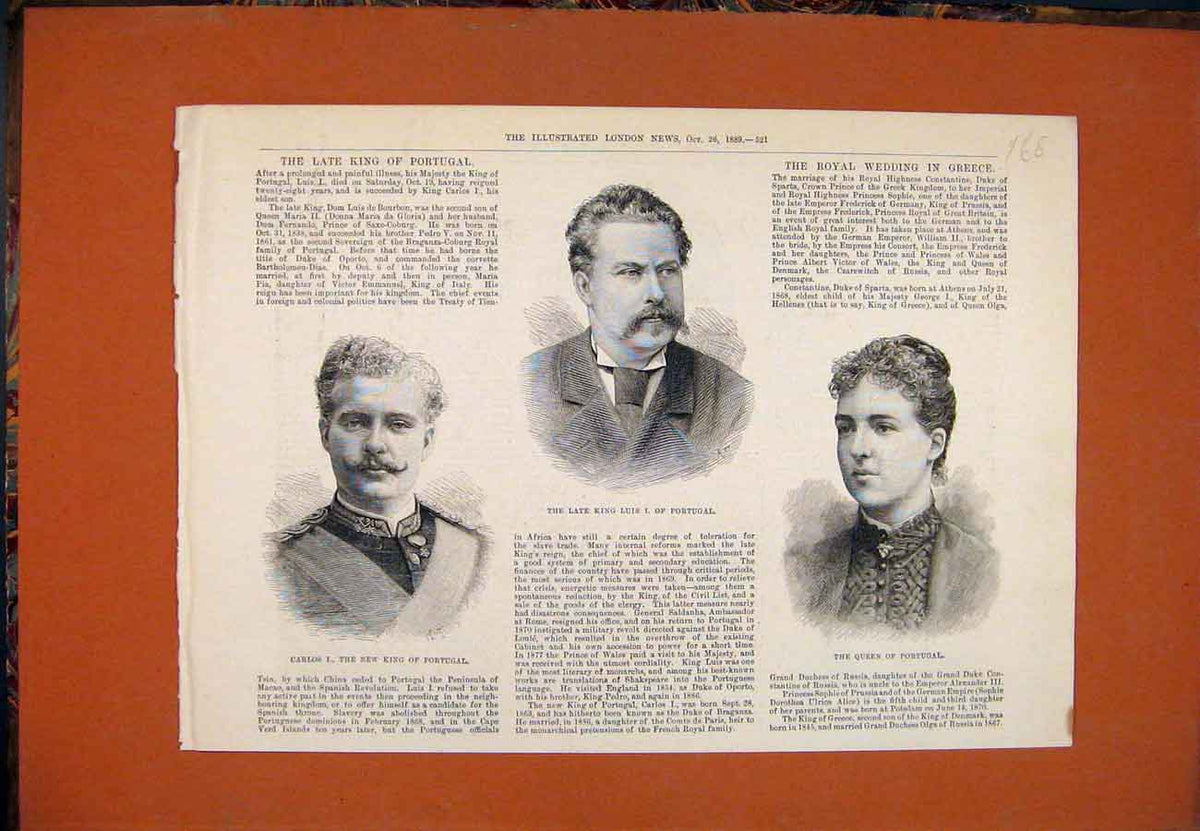 Original Old Antique Print Portrait Carlos King Portugal Luis Queen 1889 19th