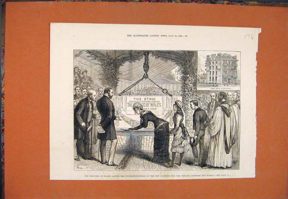 Original Old Antique Print Chelsea Hospital Women Building Princess Wales 1880