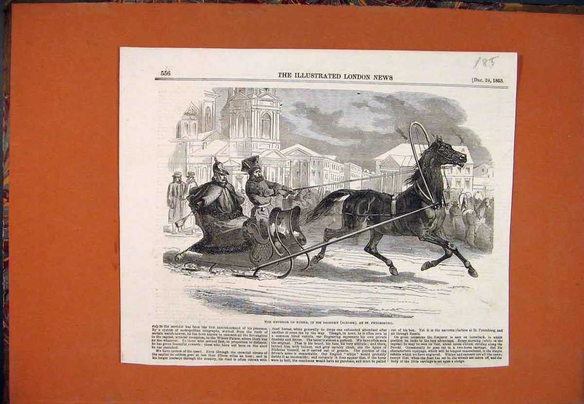 Original Old Antique Print Emperor Russia Droshky Sledge St Petersburg 1853 19th