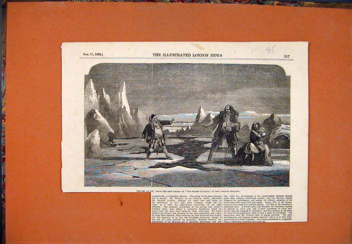Original Old Antique Print Scene Sea Ice Drama Adelphi Theatre Thirst G1853 19th