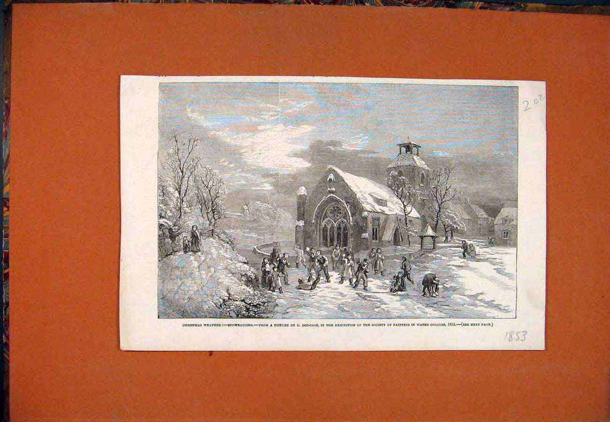 Original Old Antique Print Christmas Weather Snowballing Dodgson Fine Art 1853