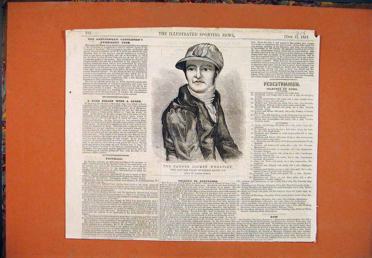 Original Old Antique Print Portrait Jockey Wheatley Derby Spread Eagle 1863 19th