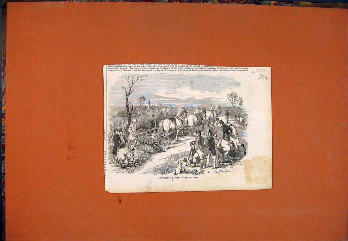Original Old Antique Print Samuelson Patent Digging Machine C 1853 Victorian