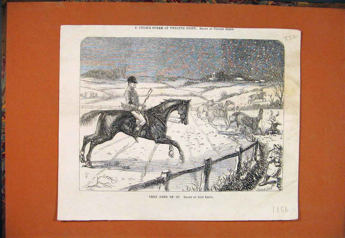 Original Old Antique Print Very Fond Leech Horse Snow Jump Hunt 1854 Victorian