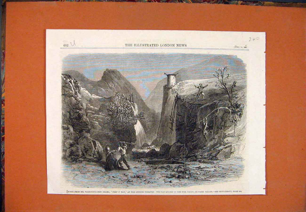 Old Antique Print Scene Falconer Drama Lyceum Theatre Quarry Valley 1861 19th