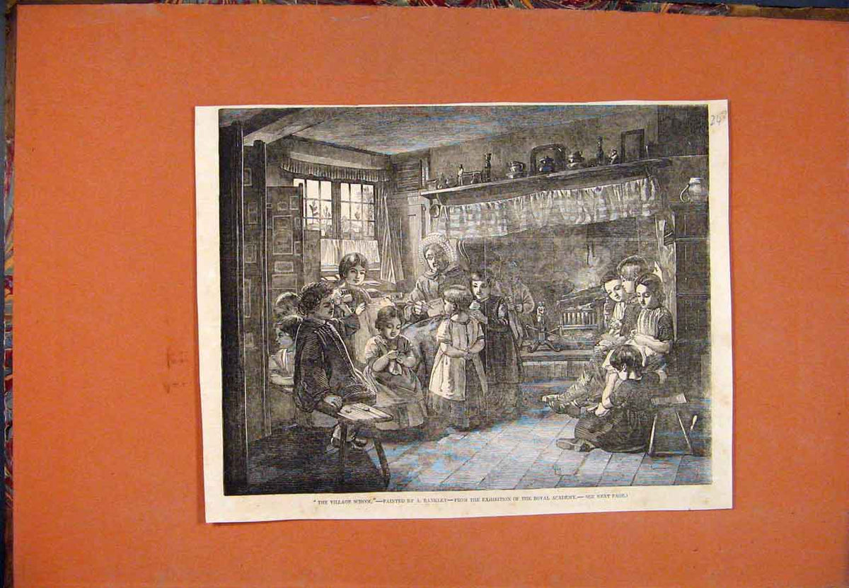 Original Old Antique Print Village School Rankley Royal Academy Fine Art