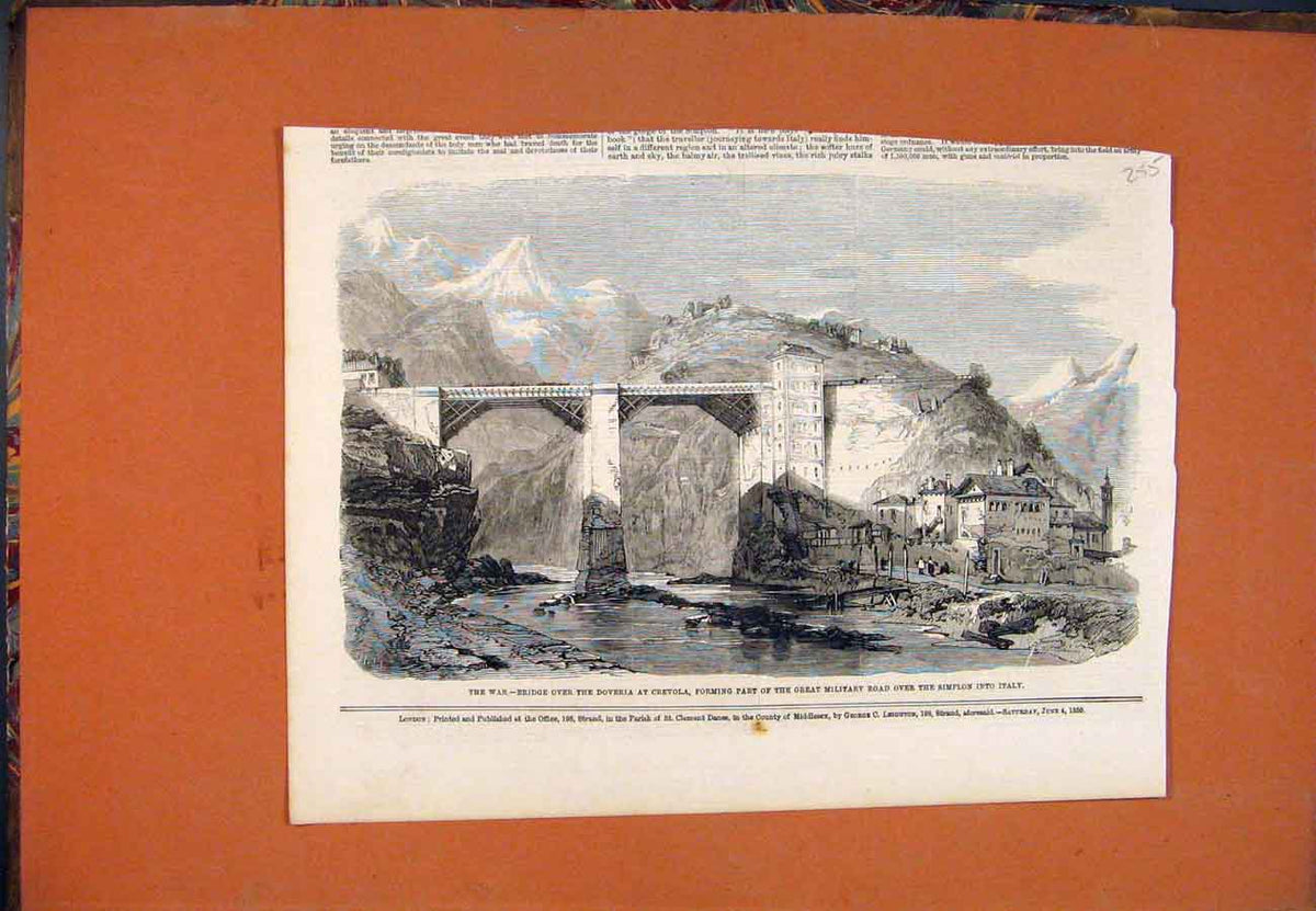 Old Antique Print War Bridge Doveria Creevola Military Simplon Italy 1859 19th