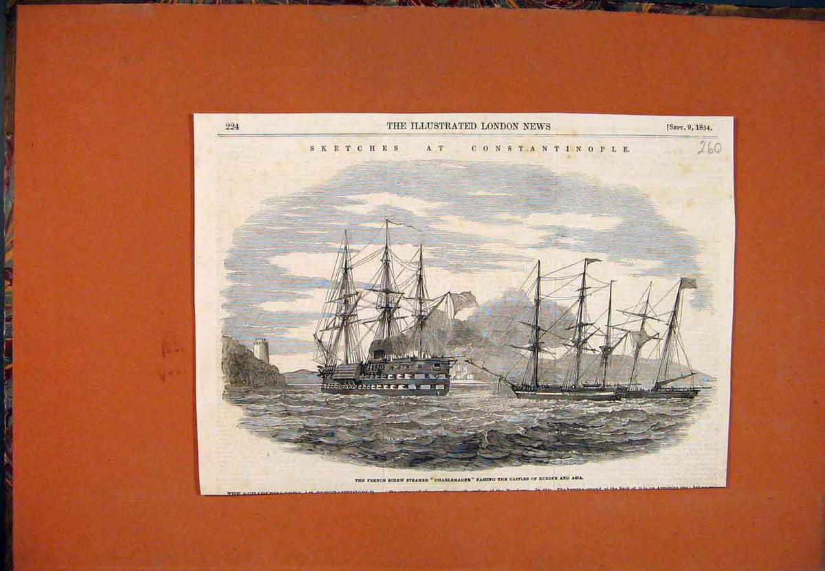 Old Antique Print Sketches Constantinople French Steamer Charlemagne 1854 19th