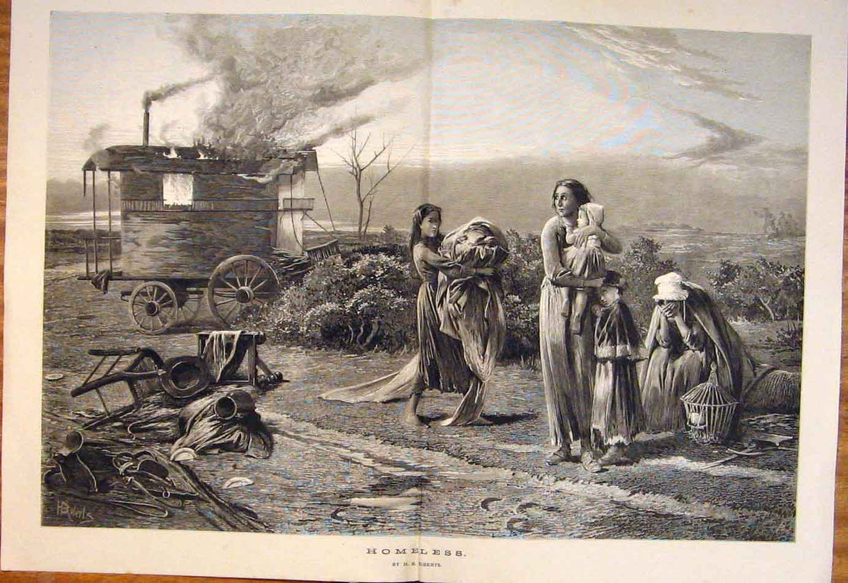 Original Old Antique Print 1874 Homeless Roberts Fine Art Caravan Fire Family
