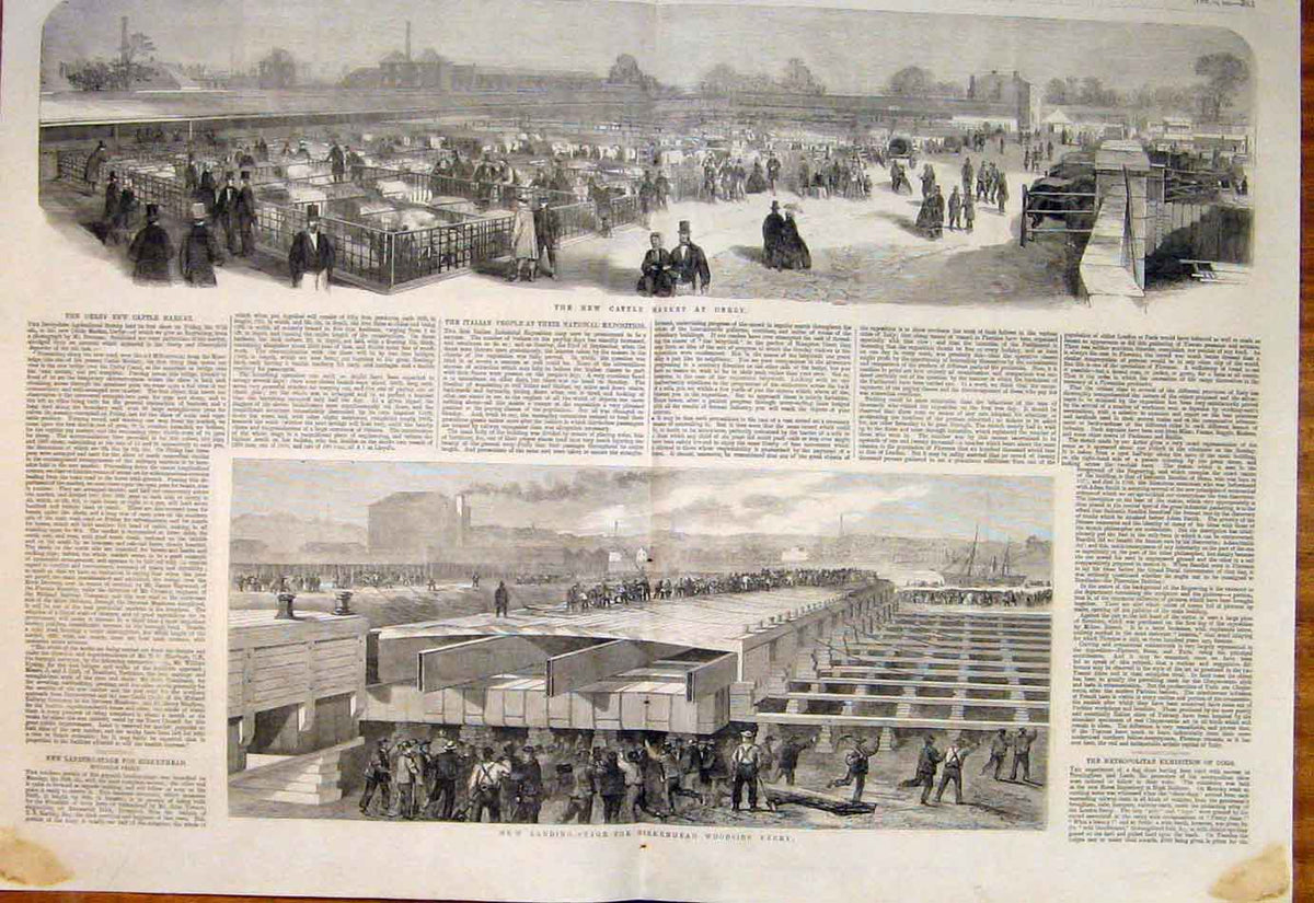 Original Old Antique Print 1861 Cattle Market Derby Birkenhead Woodside Ferry