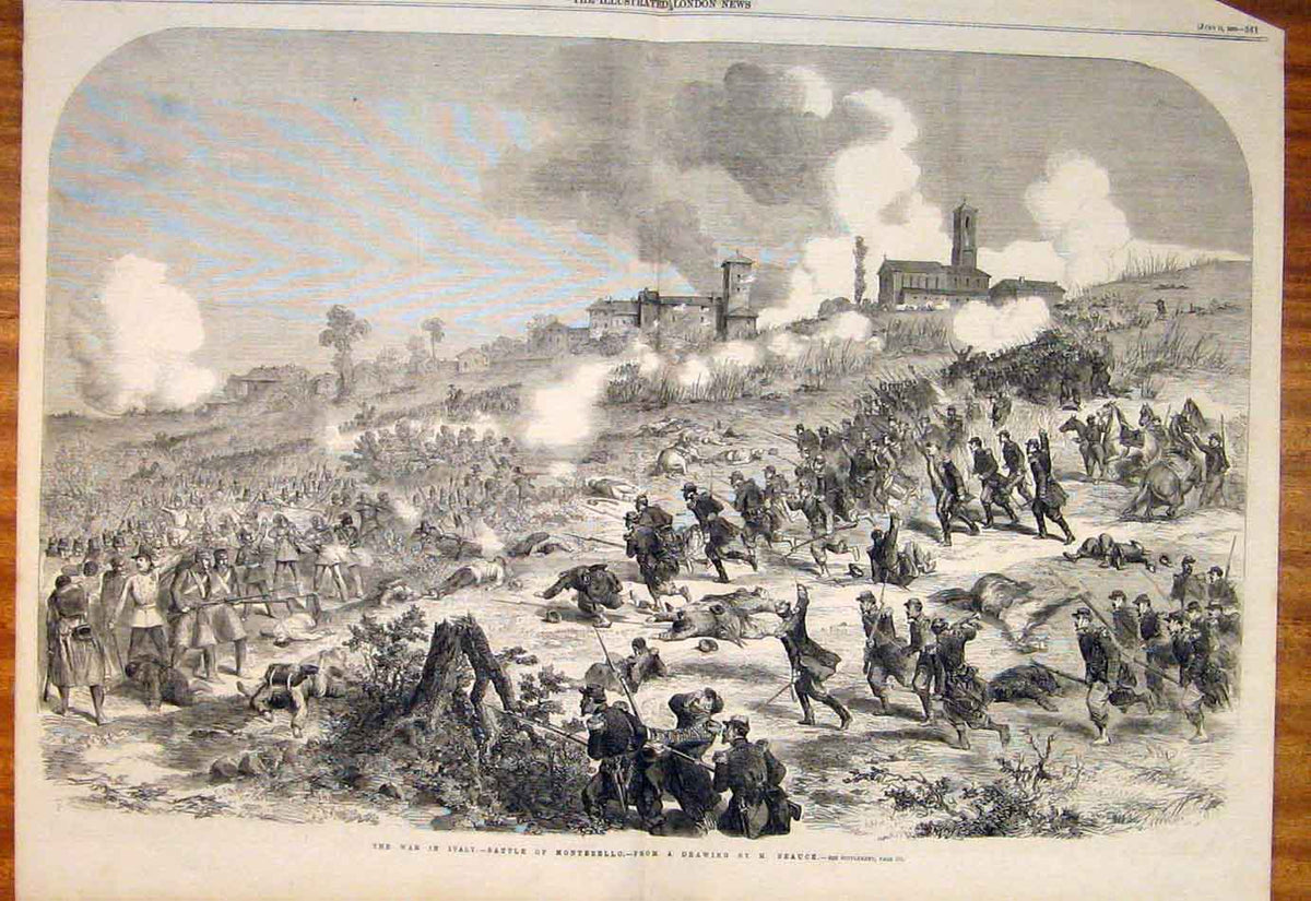 Original Old Antique Print 1859 War Italy Battle Montebello Beauce Sketch 19th