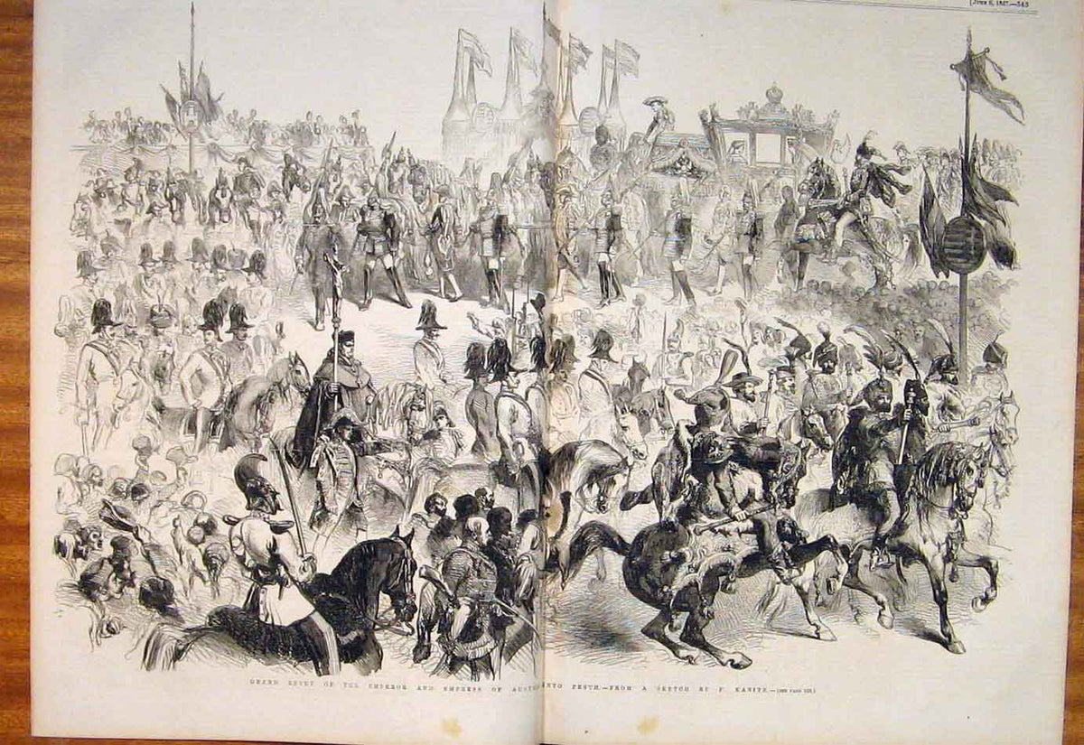 Original Old Antique Print 1857 Emperor Empress Austria Pesth Sketch Kanitz 19th