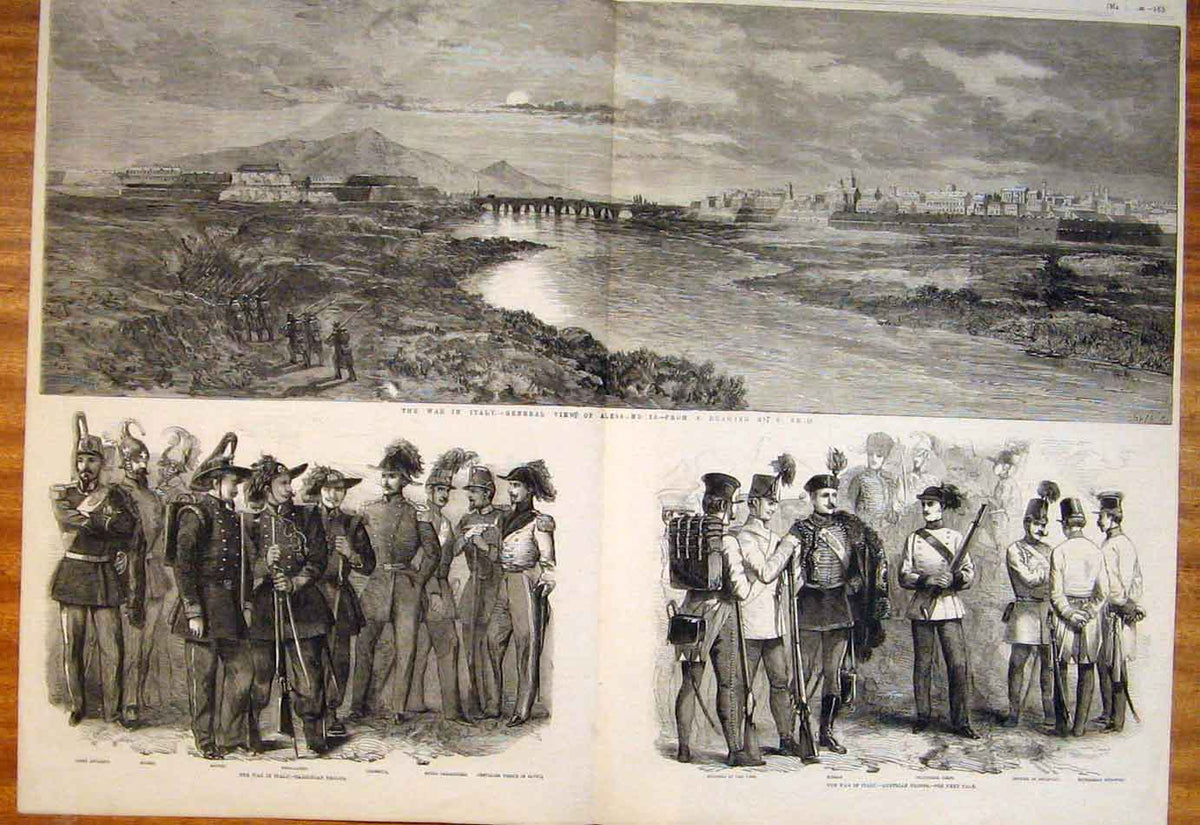 Original Old Antique Print 1859 War Italy Alessandria Sardinian Troops Austrian